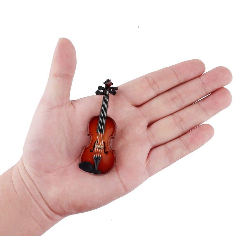 Dselvgvu Wooden Miniature Violin with Stand, Bow and Case Mini Musical Instrument Violin Replica Collectible Figurines Dollhouse Accessories Model Home Decoration Display Ornament (3.15"x1.18"x0.59") - Image 2